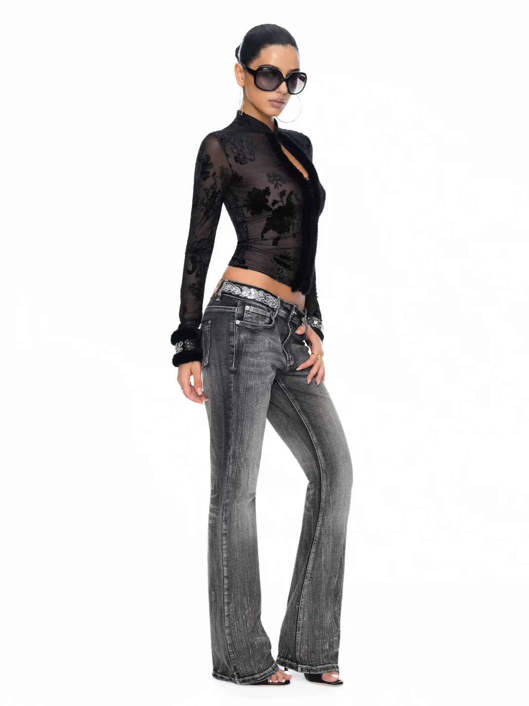 JYOSEI | Flocked Cutout Fitted Long-Sleeve Sheer Top