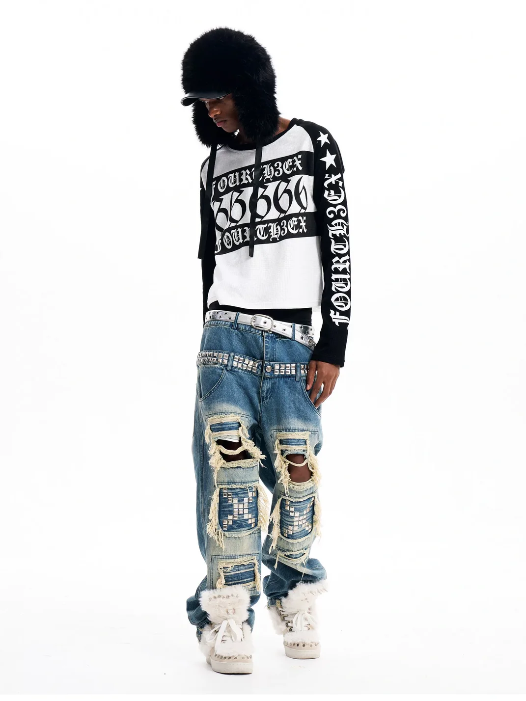 Fourth3ex | Letter Print Waffle Colorblock Long Sleeve T-Shirt