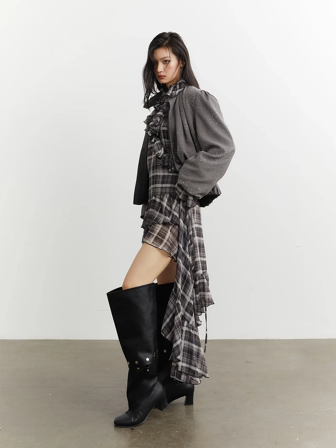 Jnylon studios | Relaxed Ruffled Asymmetric Plaid Chiffon Shirt Dress