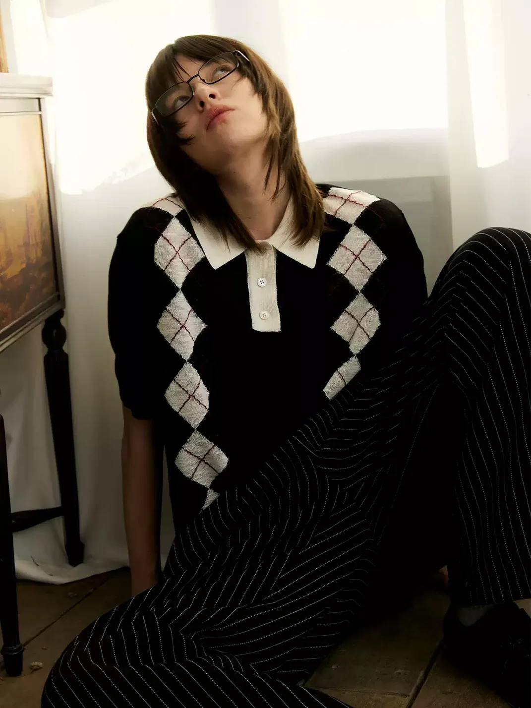 KREATE | Boxy Diamond Pattern Knit Polo Shirt