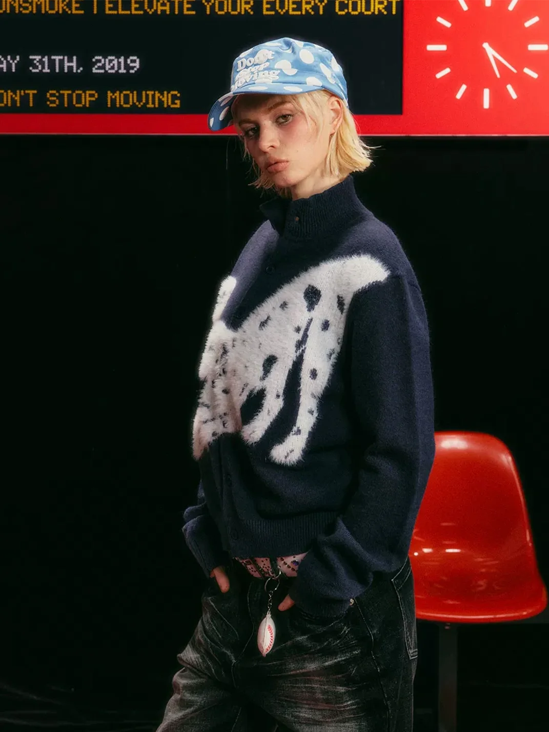 DONSMOKE | Dalmatian Heart Jacquard Stand Collar Knit Cardigan