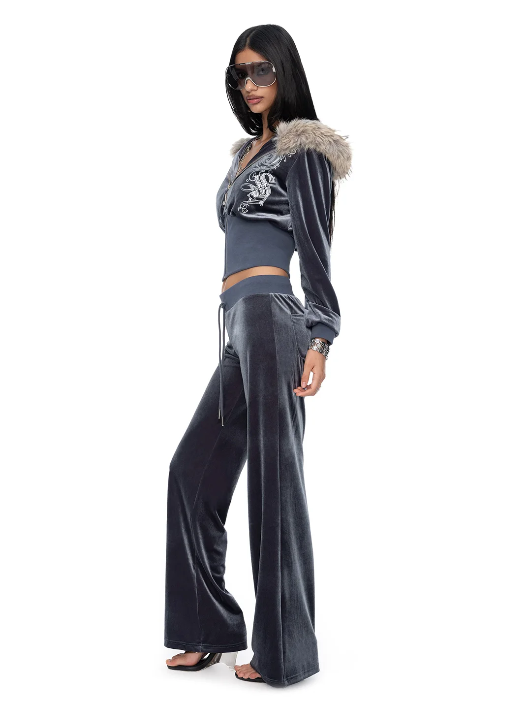 JYOSEI | Printed Velvet Hooded Top And Loose Pants Set