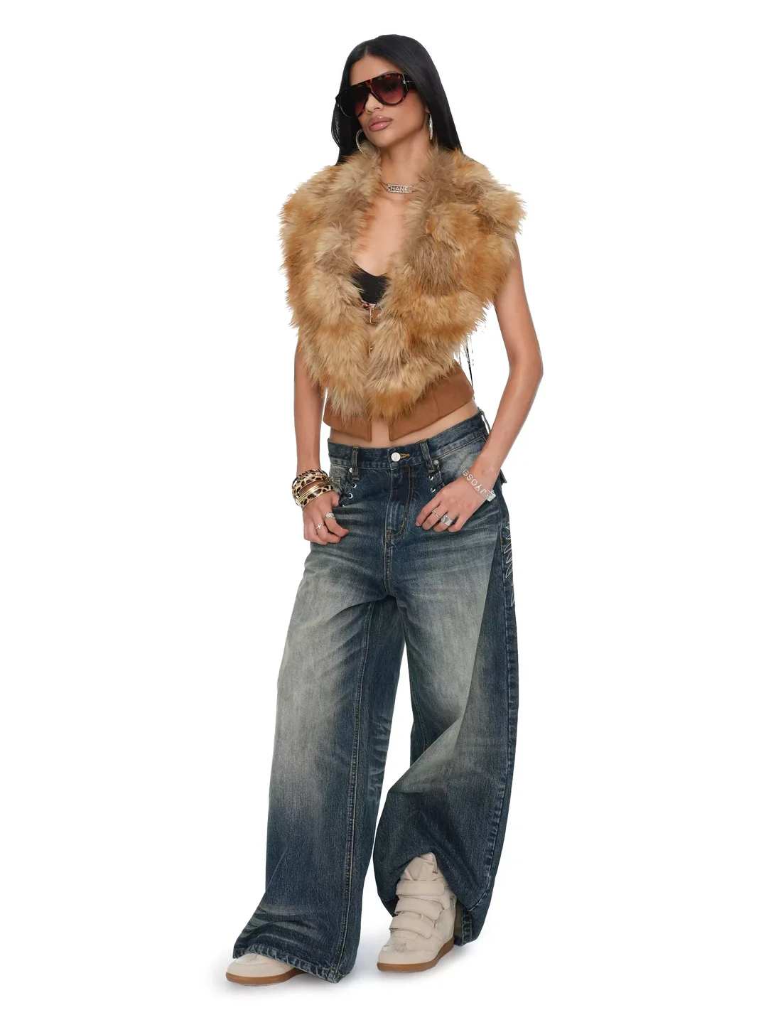 JYOSEI | Faux Suede Open-Back Faux Fox Fur Collar Vest