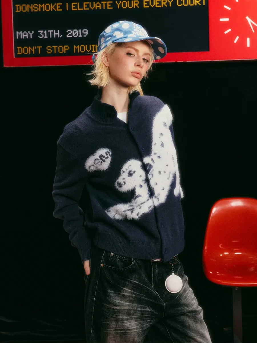 DONSMOKE | Dalmatian Heart Jacquard Stand Collar Knit Cardigan - 3
