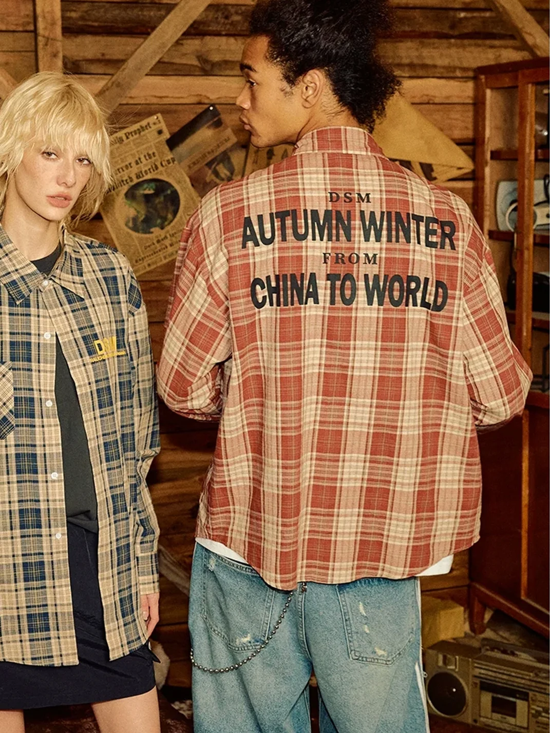 DONSMOKE | Oversized Contrast Plaid Long Sleeve Shirt