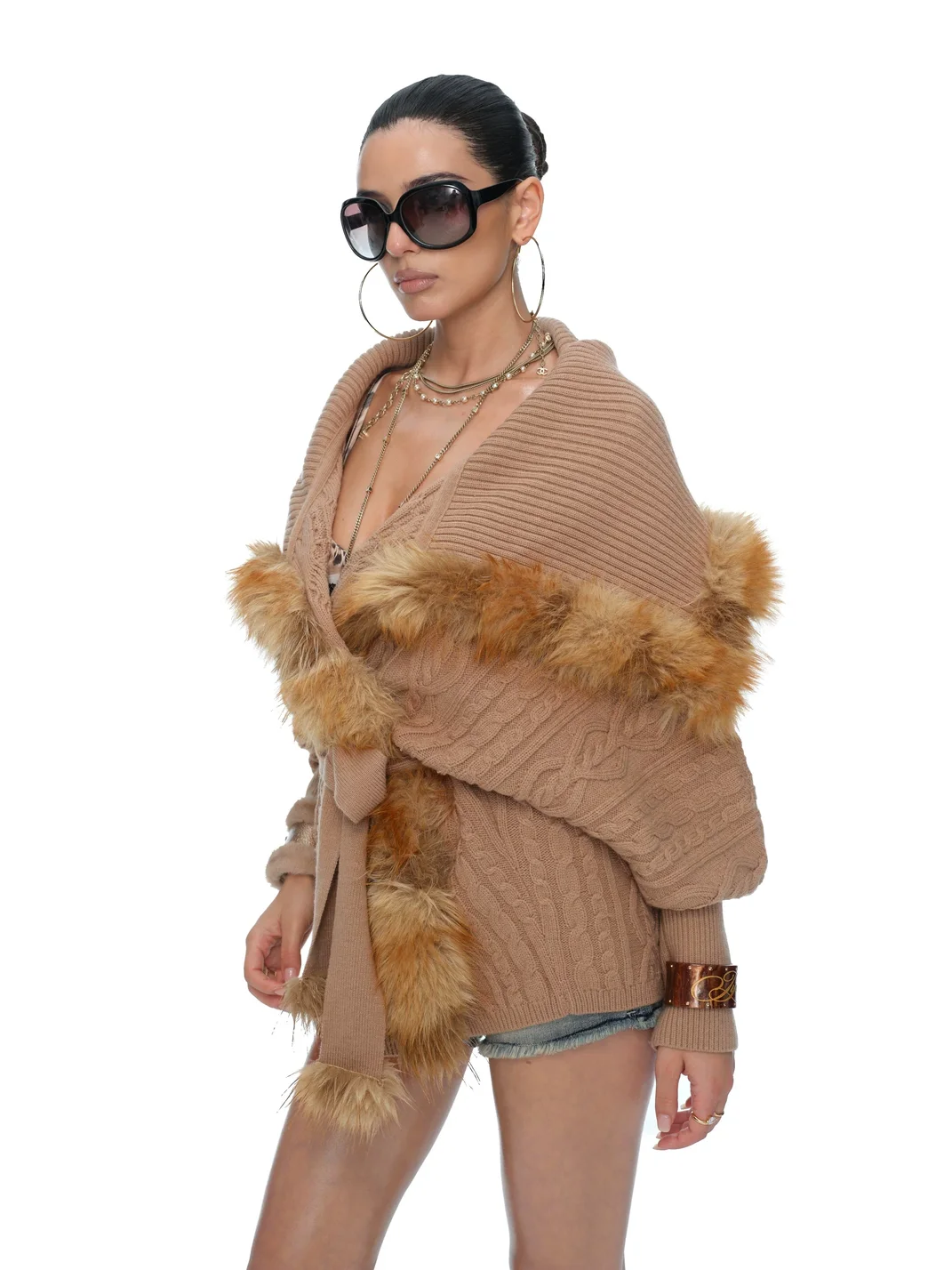 JYOSEI | Loose Belted Batwing Faux Fur Trim Knit Cardigan