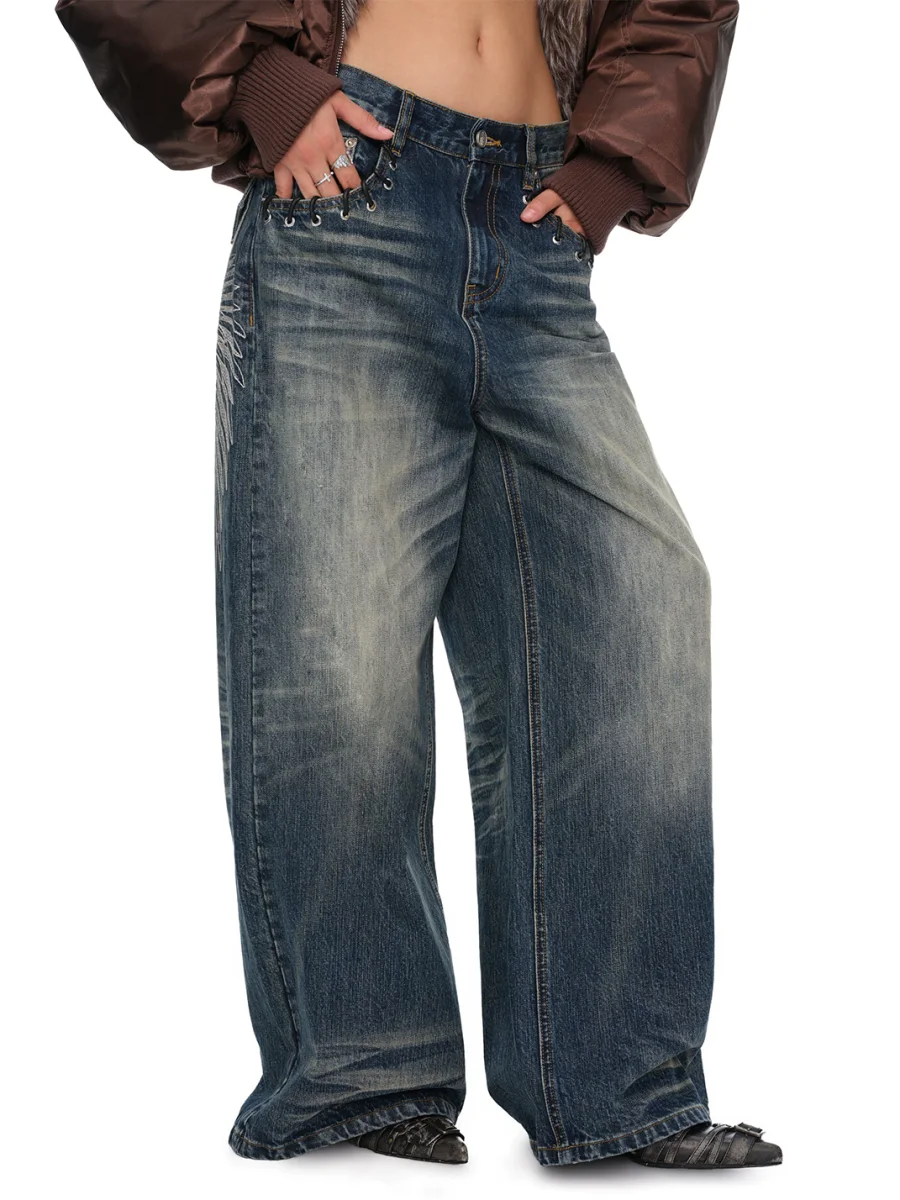 JYOSEI | Washed Blue Embroidered Loose Wide-Leg Jeans - 3
