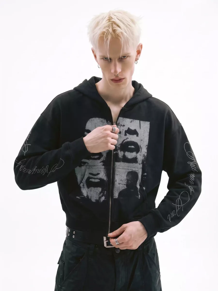 NASTYHUB | Loose-Fit Rhinestone Script Graphic Hoodie - 2