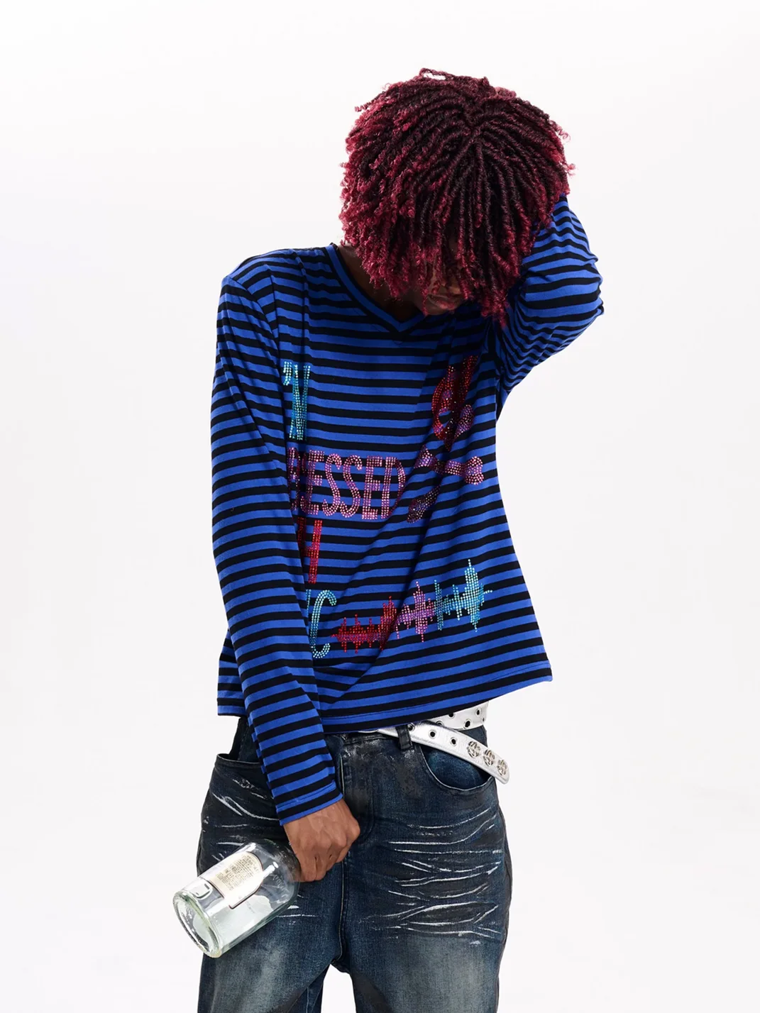 Fourth3ex | Striped V-Neck Long-Sleeve Rhinestone Skull T-Shirt