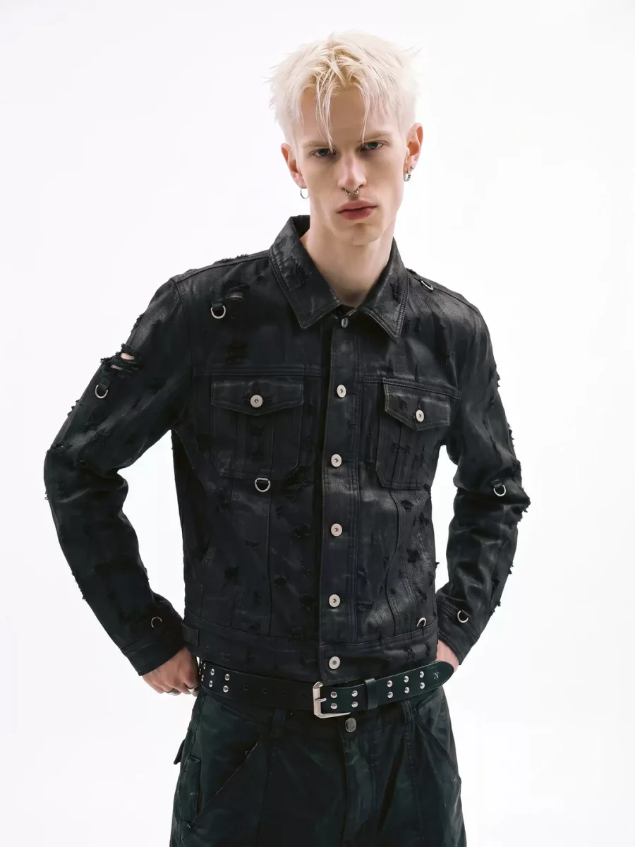NASTYHUB | Distressed Metal Ring Short Wide Denim Jacket - 2