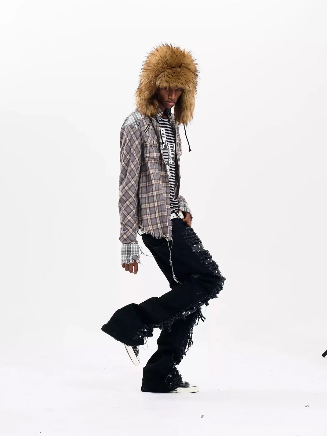 Fourth3ex | Distressed Patchwork Plaid Long Sleeve Shirt Jacket