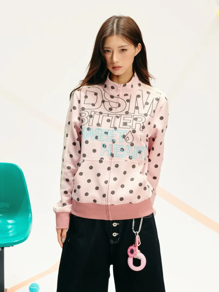 DONSMOKE | Polka Dot Stand Collar Sweatshirt Jacket - 4