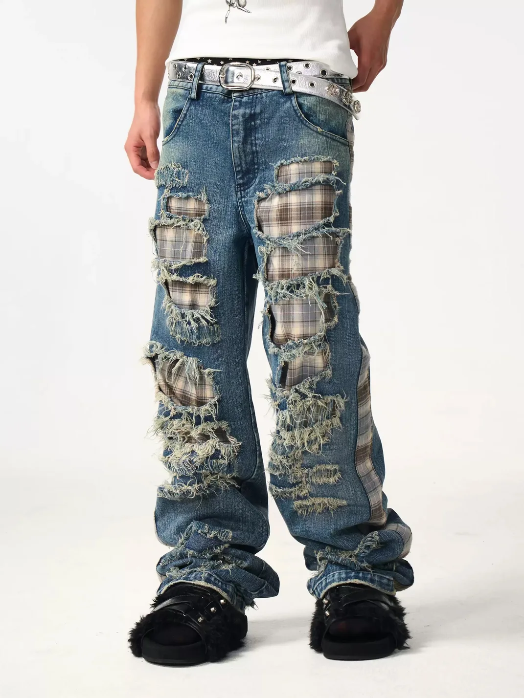 Fourth3ex | Plaid Patchwork Distressed Straight-Leg Jeans