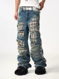 Fourth3ex | Plaid Patchwork Distressed Straight-Leg Jeans