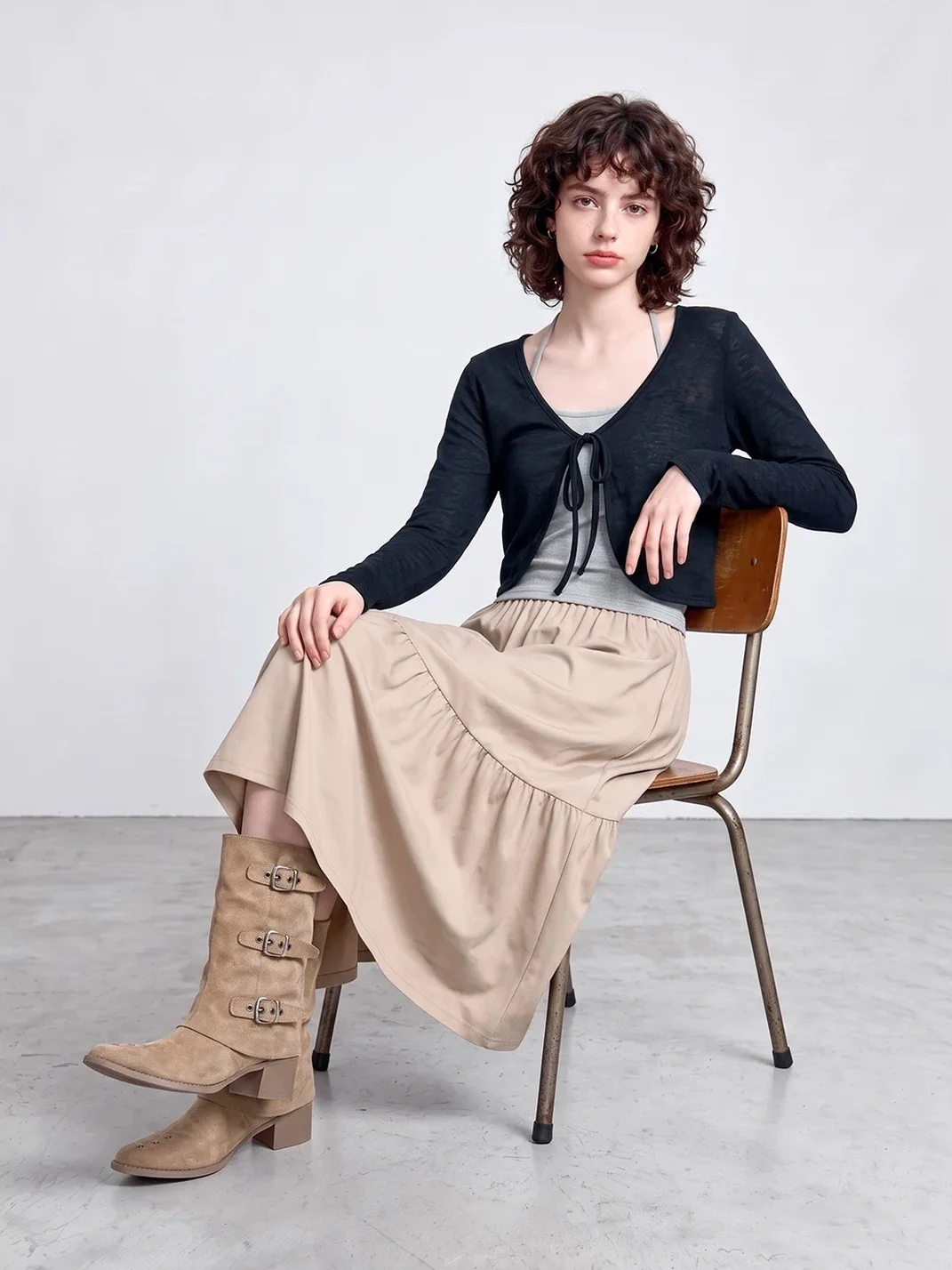 LMDD | Khaki Pointed-Toe Block Heel Riding Boots