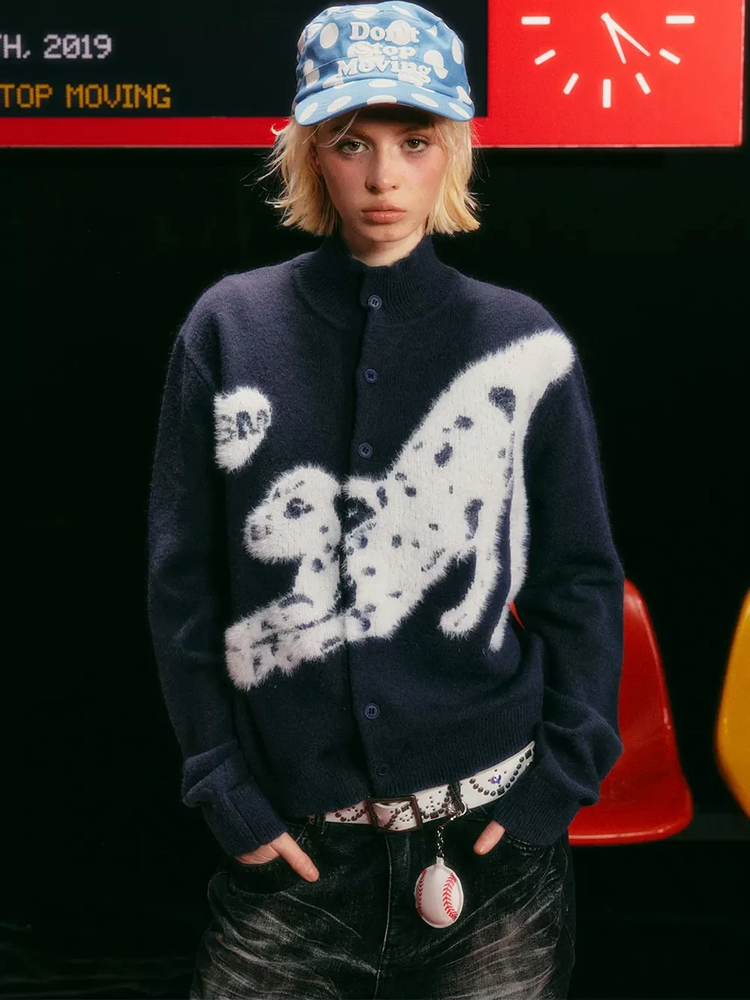 DONSMOKE | Dalmatian Heart Jacquard Stand Collar Knit Cardigan