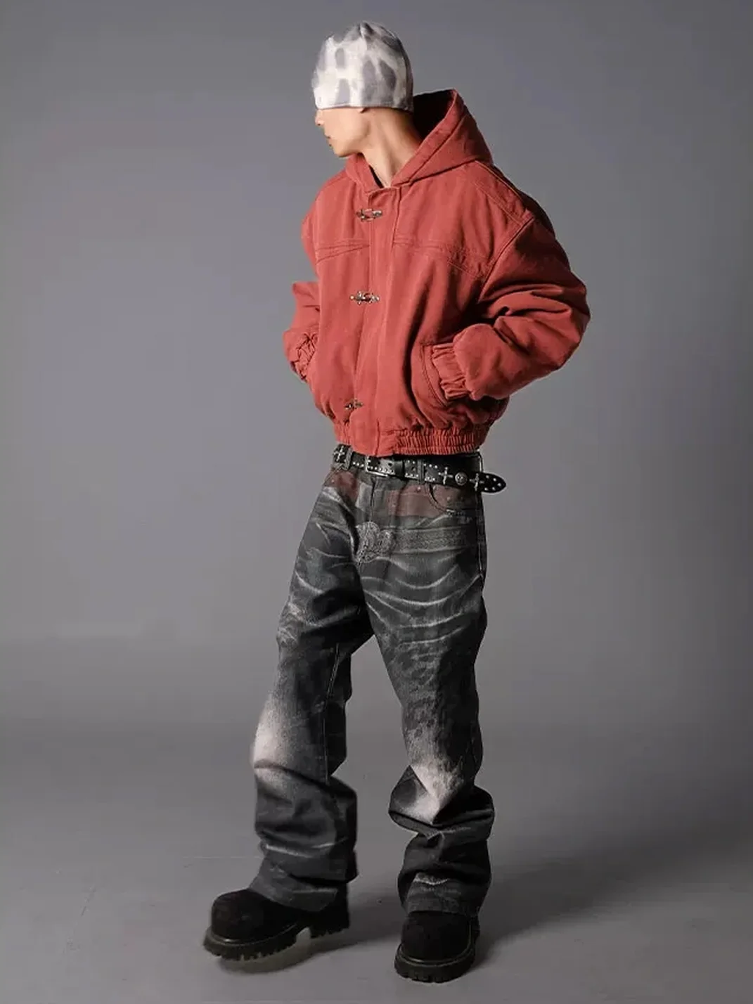 NASTYHUB | Wave Leopard Print Double-Belt Straight-Leg Jeans