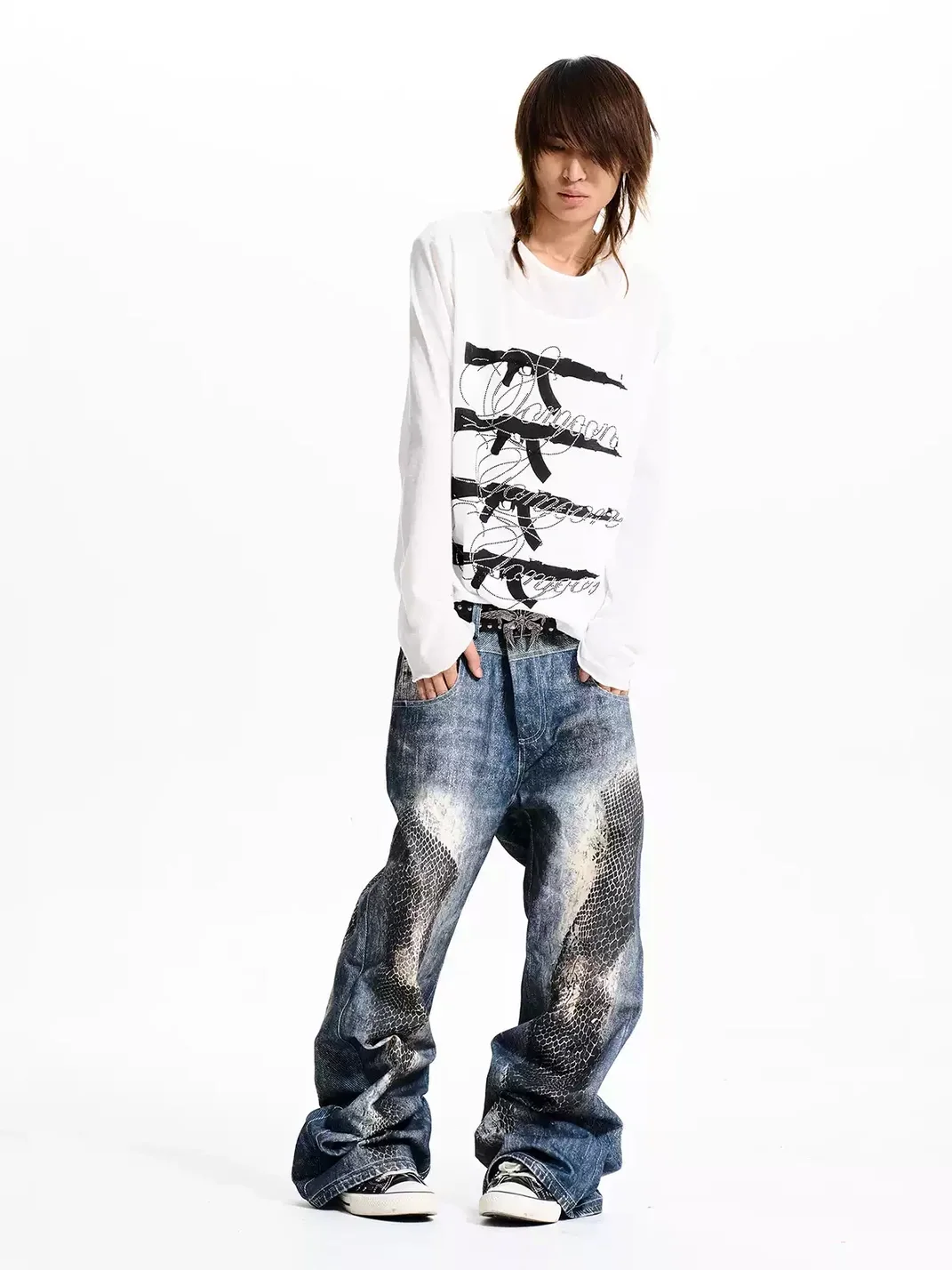 Fourth3ex | Washed Snakeskin Print Floor-Length Jeans