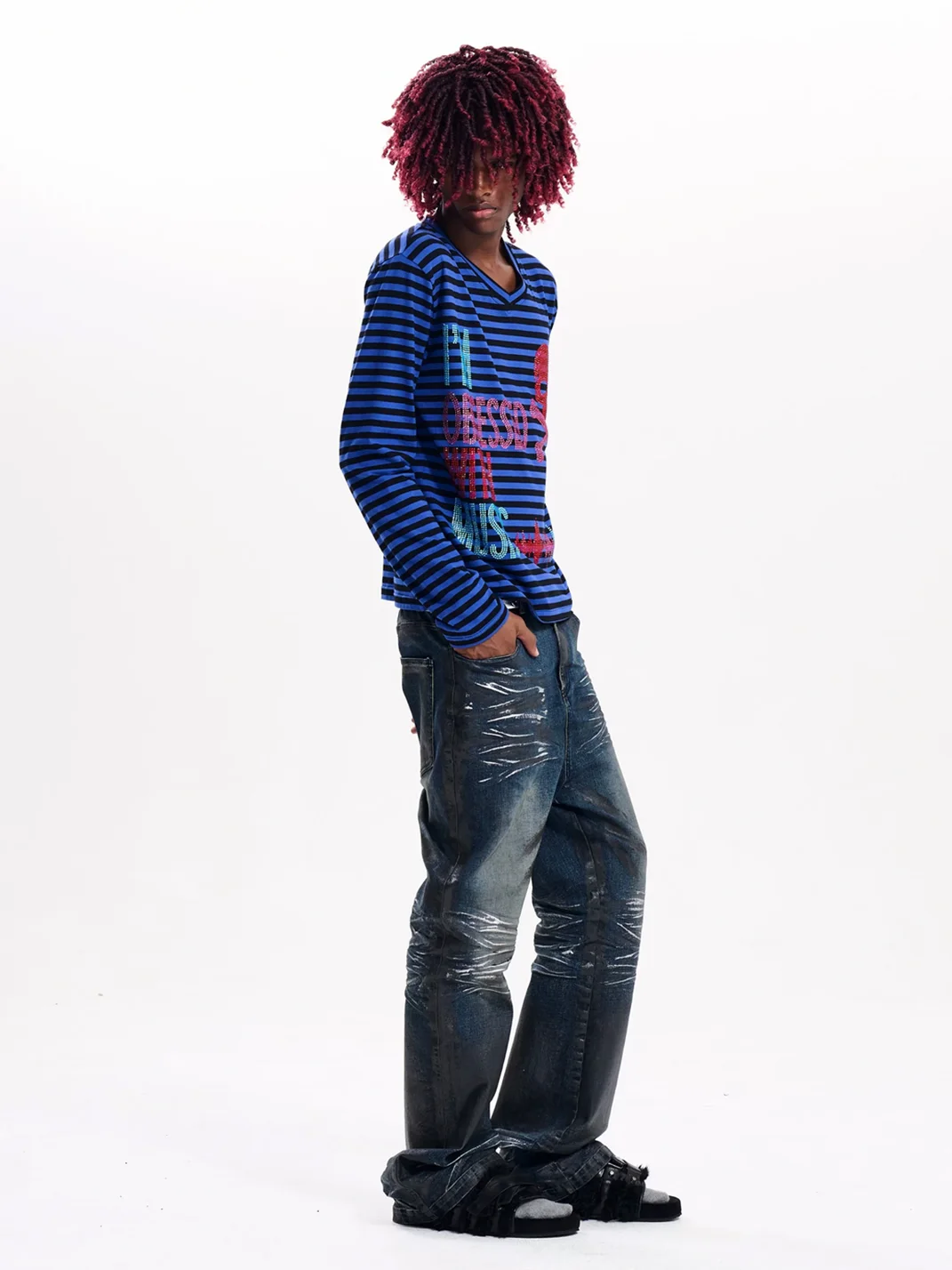 Fourth3ex | Distressed Waxed Slightly Flared Jeans