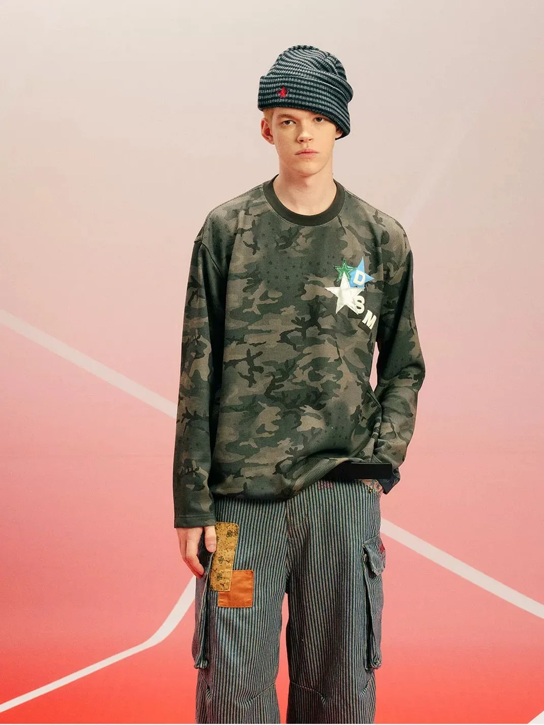 DONSMOKE | Loose Camouflage Star Waffle Long-Sleeve Crewneck T-Shirt