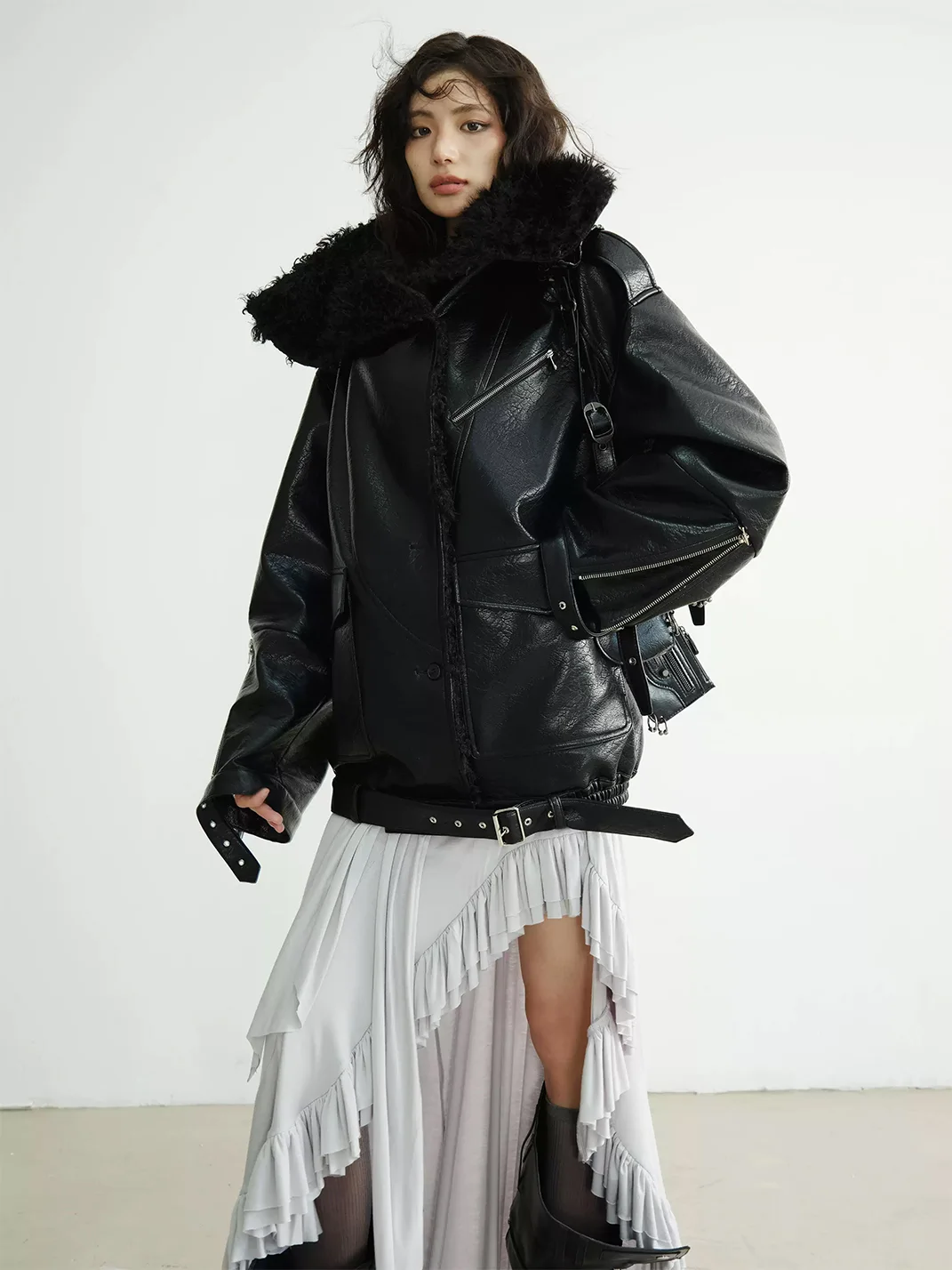 Jnylon studios | Oversized Mid-Length PU Jacket With Large Lapels
