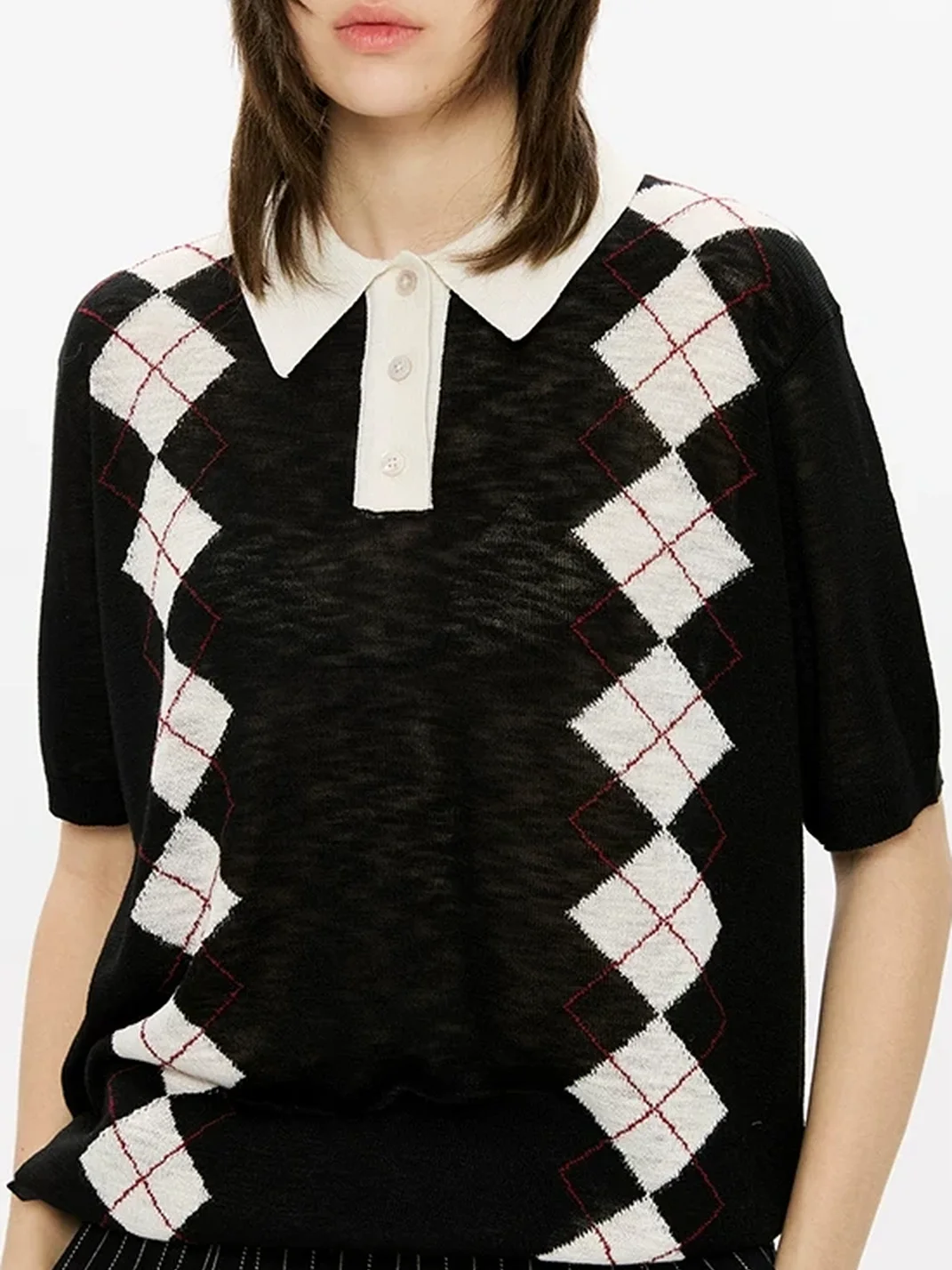 KREATE | Boxy Diamond Pattern Knit Polo Shirt