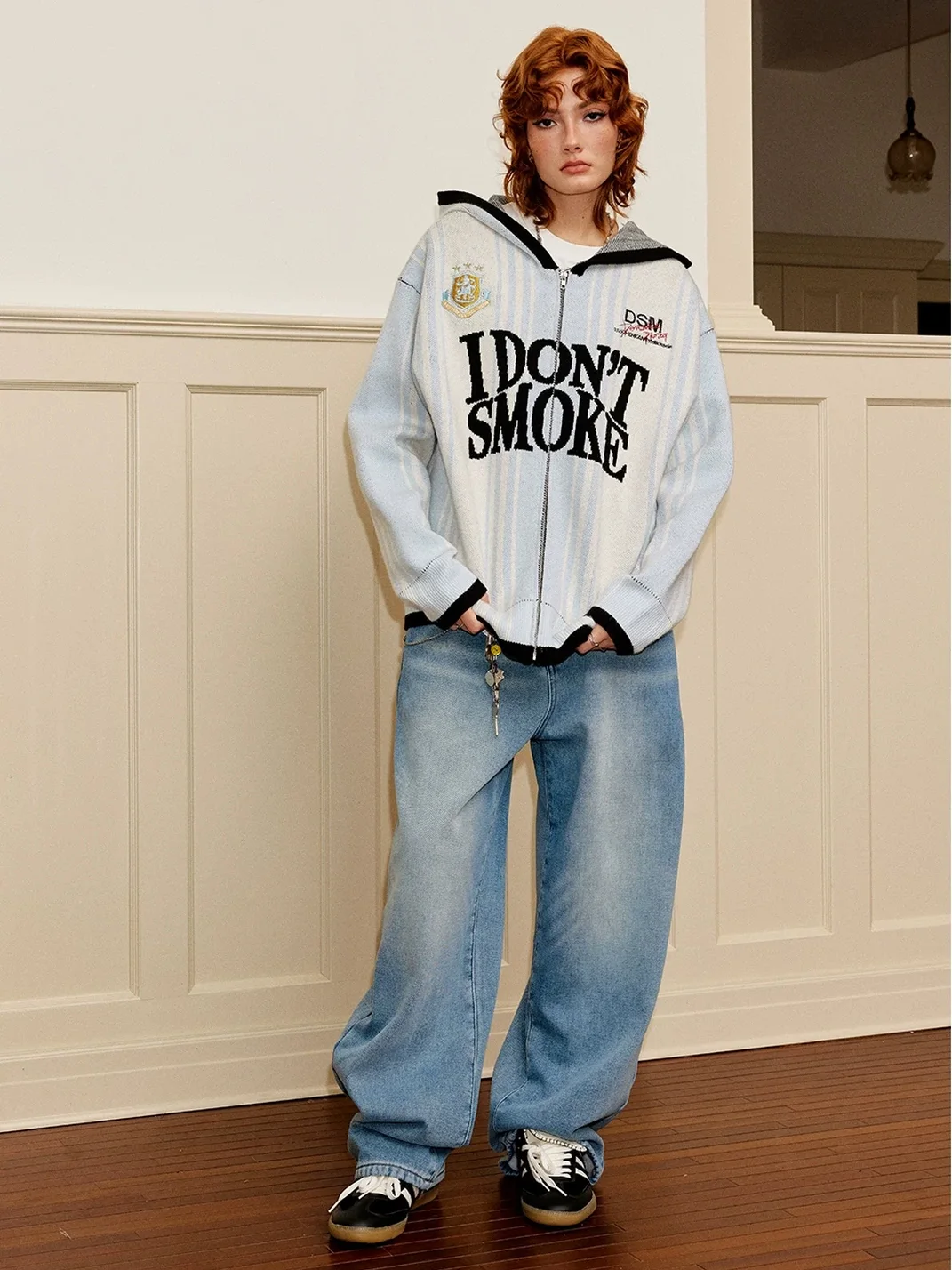 DONSMOKE | Vertical Striped Hooded Zip-Up Jacquard Knit Cardigan