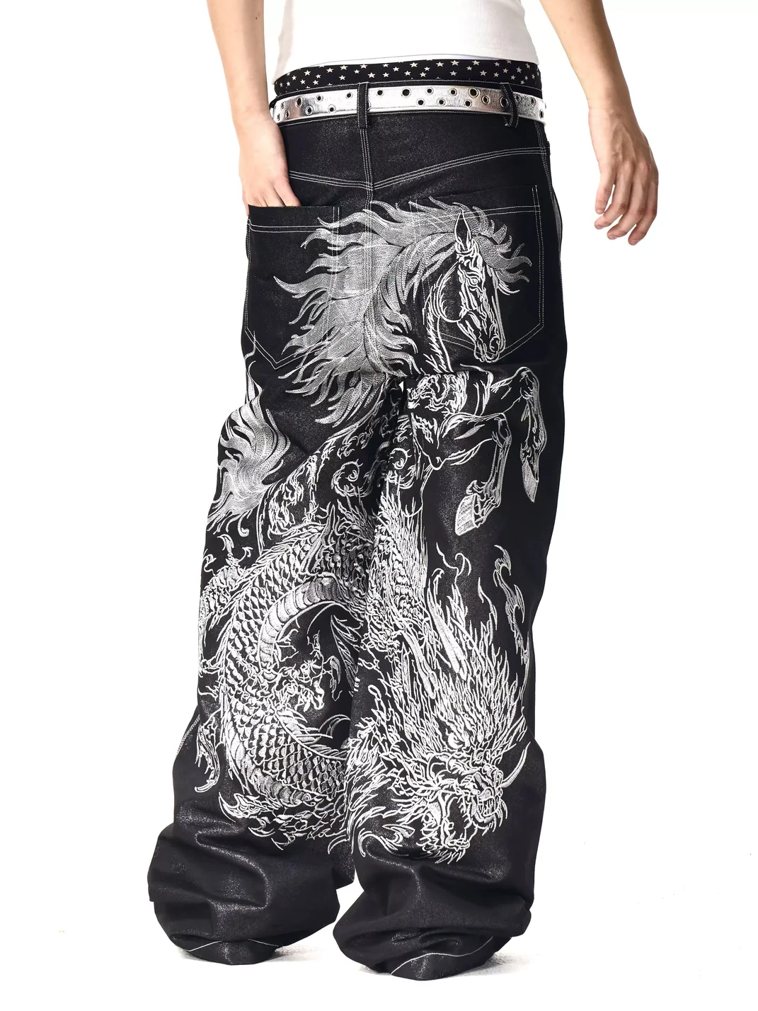 Fourth3ex | Horse And Dragon Embroidered Baggy Wide-Leg Jeans