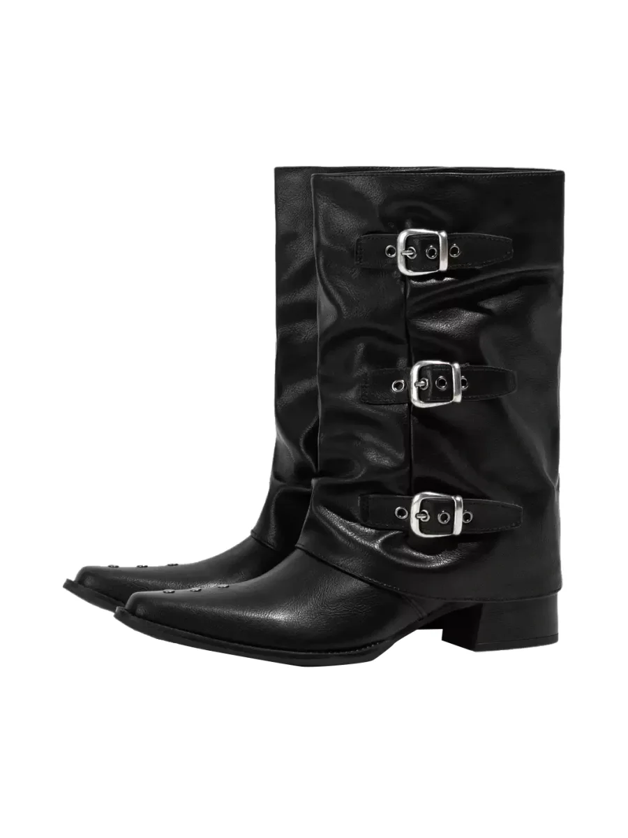 LMDD | Pointed-Toe Slouchy Western Mid-Calf Block-Heel Boots - 2