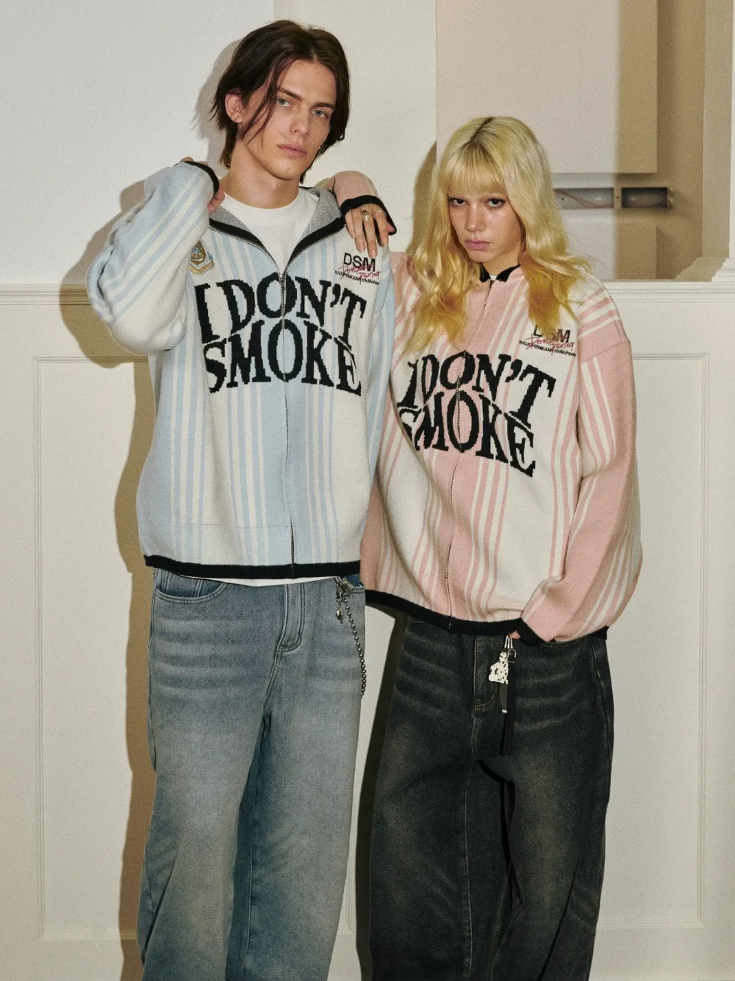DONSMOKE | Vertical Striped Hooded Zip-Up Jacquard Knit Cardigan