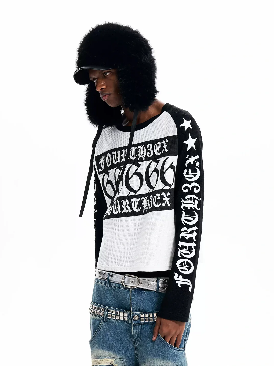 Fourth3ex | Letter Print Waffle Colorblock Long Sleeve T-Shirt