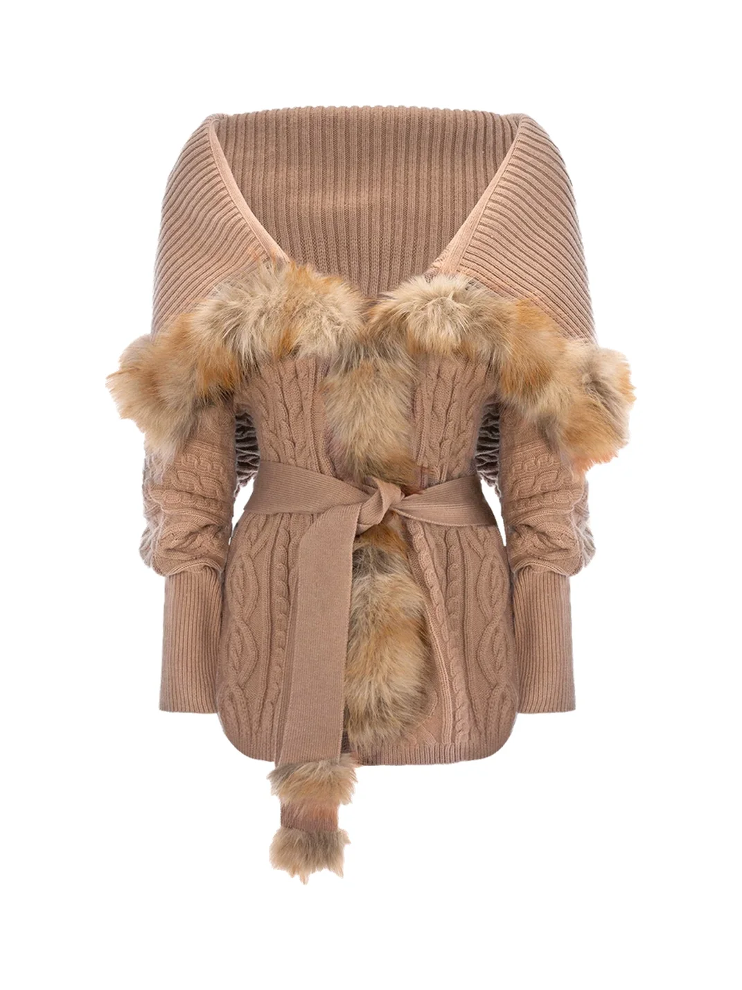 JYOSEI | Loose Belted Batwing Faux Fur Trim Knit Cardigan