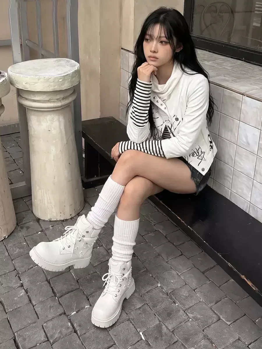 Mule Donkey | White Lace-Up Platform Work Boots - 4
