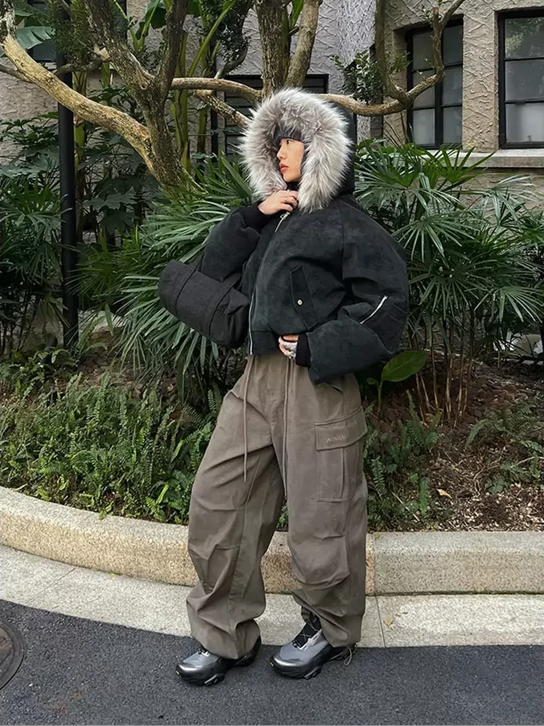 NASTYHUB | Distressed Hooded Raglan Faux Leather Bomber Jacket
