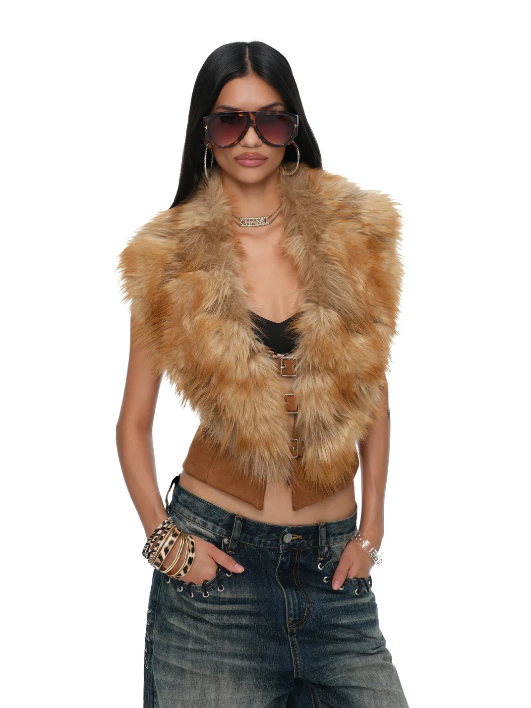 JYOSEI | Faux Suede Open-Back Faux Fox Fur Collar Vest