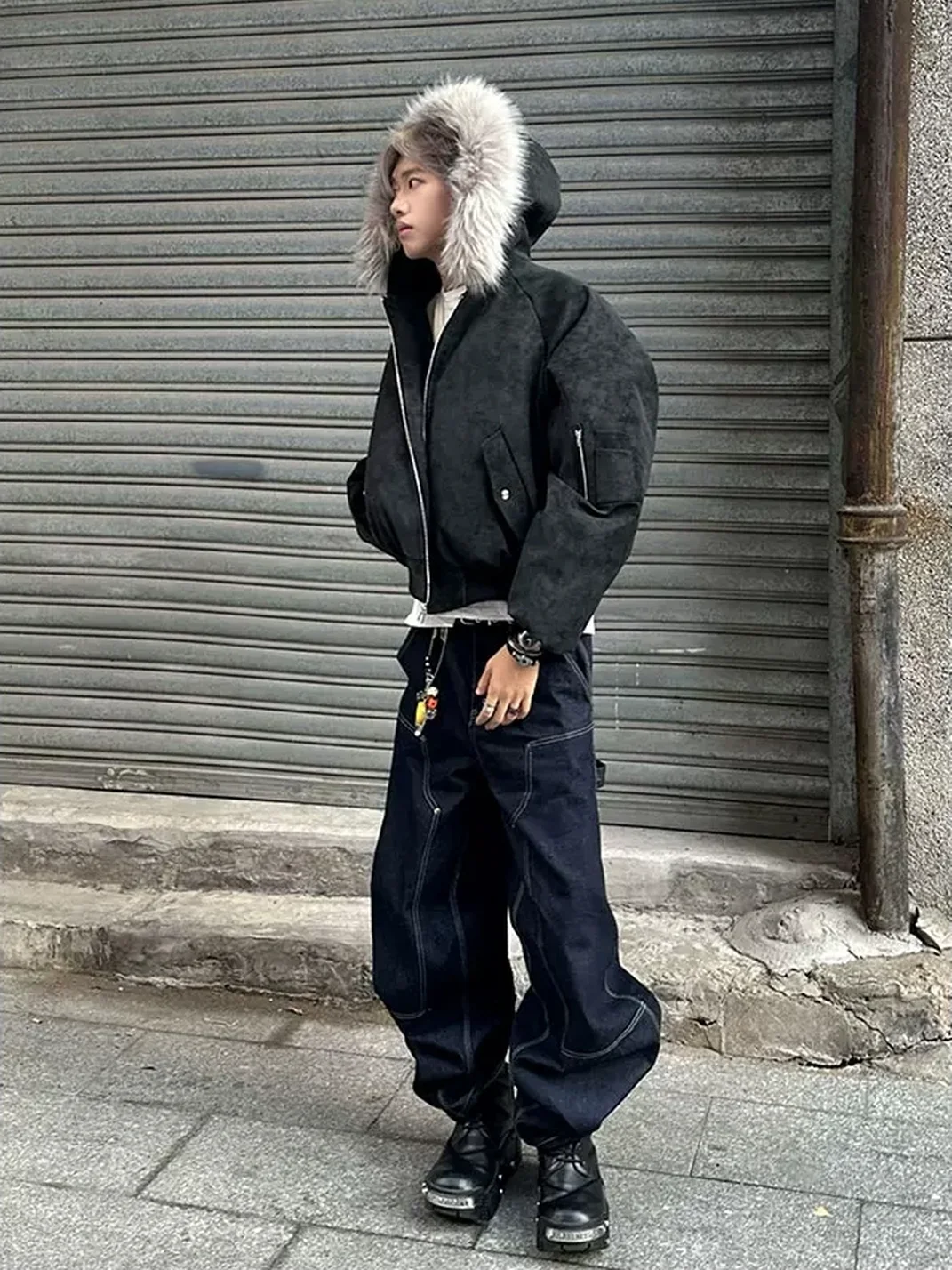 NASTYHUB | Distressed Hooded Raglan Faux Leather Bomber Jacket