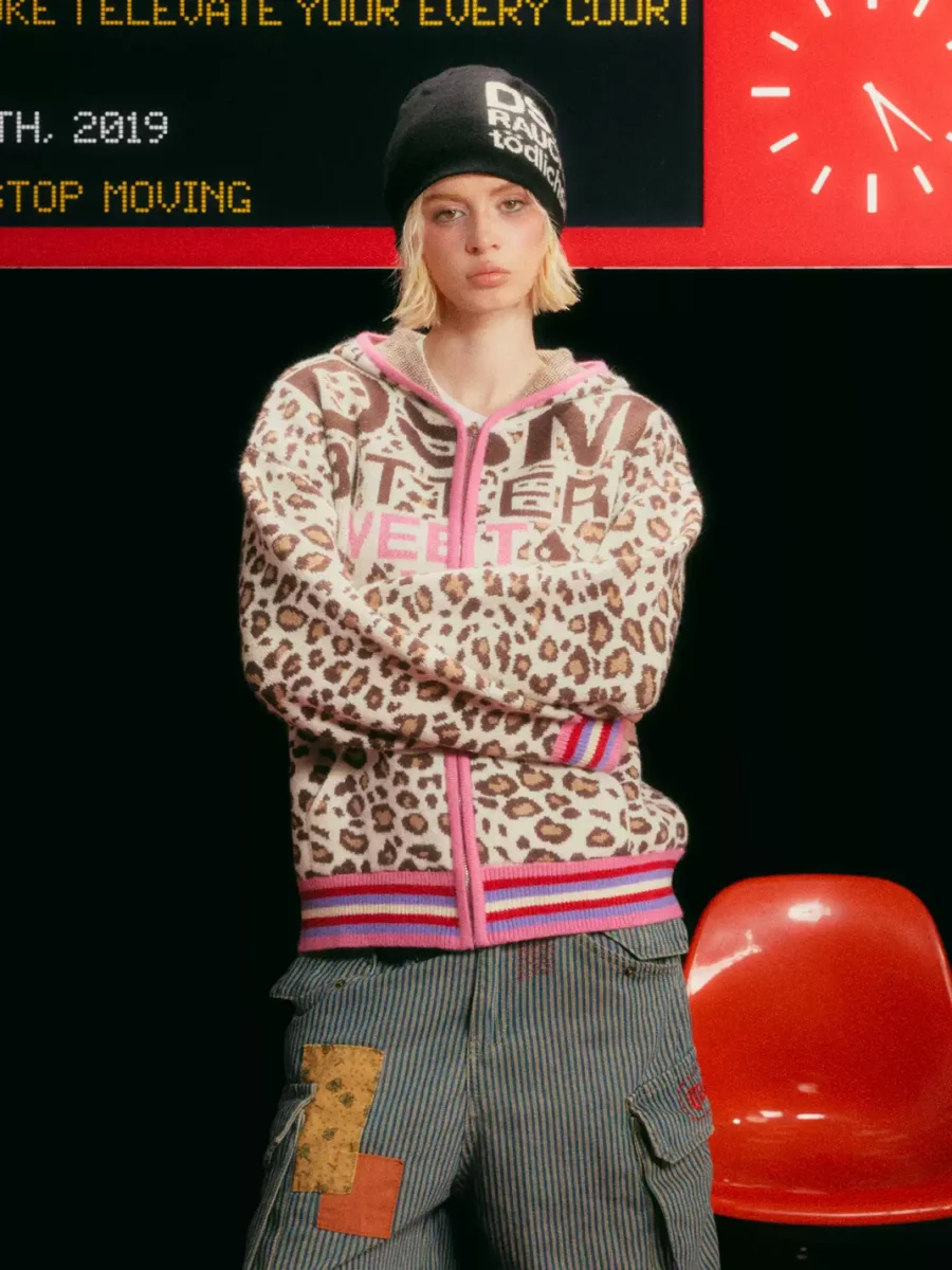 DONSMOKE | Relaxed Leopard Print Contrast Trim Hooded Knit Cardigan - 2