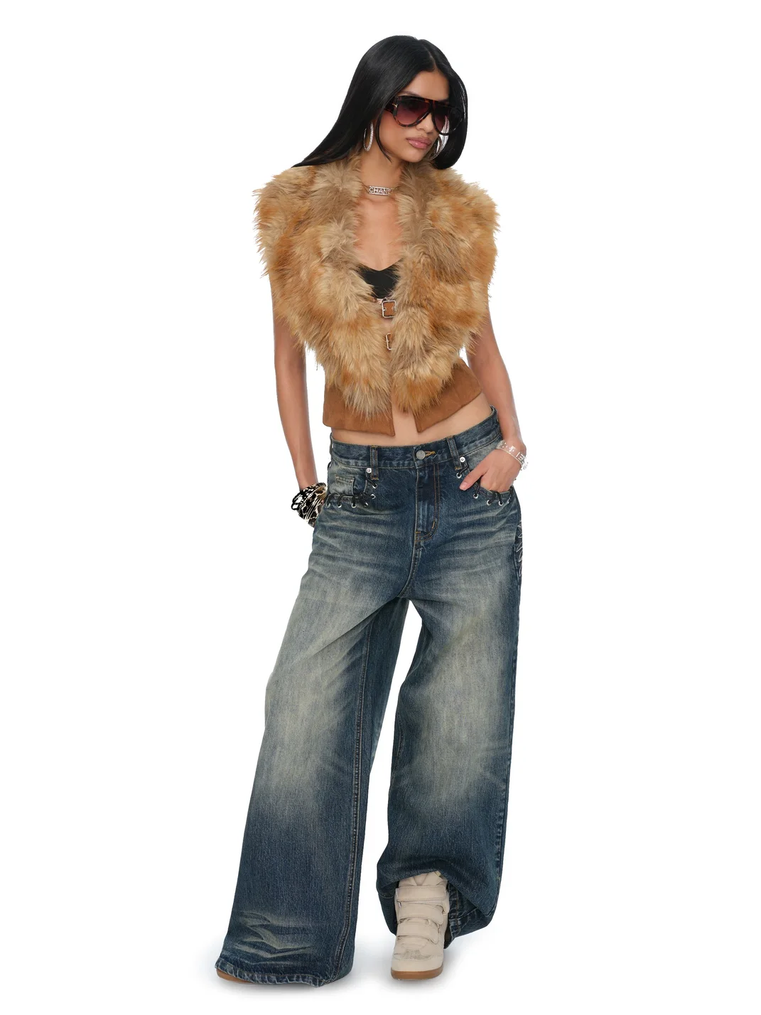 JYOSEI | Faux Suede Open-Back Faux Fox Fur Collar Vest