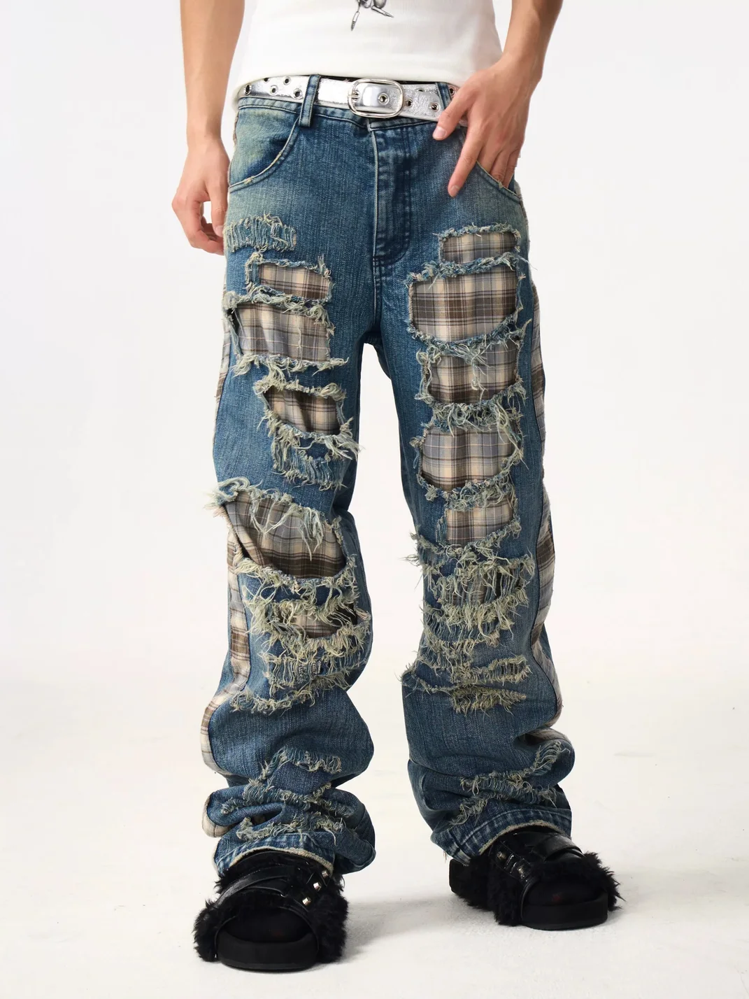 Fourth3ex | Plaid Patchwork Distressed Straight-Leg Jeans