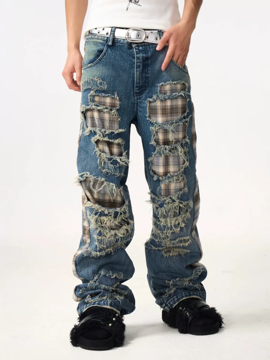 Fourth3ex | Plaid Patchwork Distressed Straight-Leg Jeans - 2