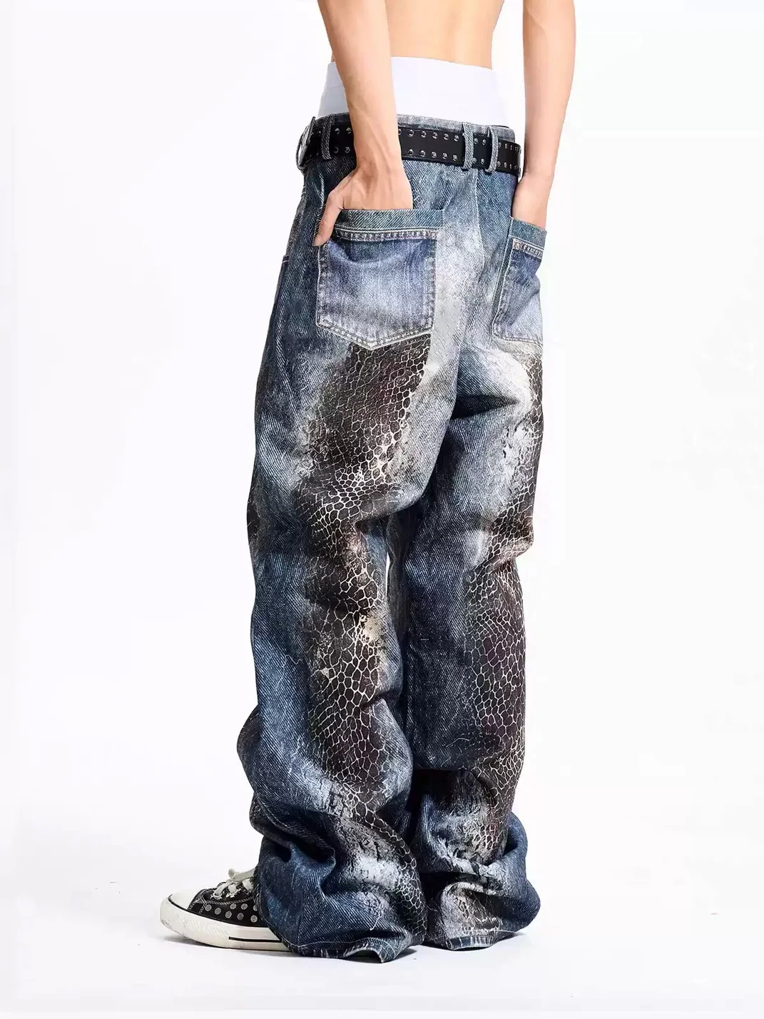 Fourth3ex | Washed Snakeskin Print Floor-Length Jeans