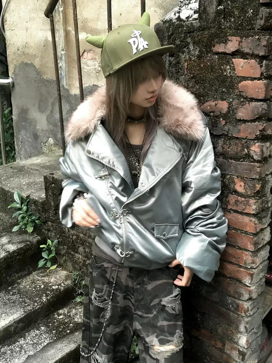 NASTYHUB | Cropped Wide-Fit Bomber Jacket With Detachable Plush Collar