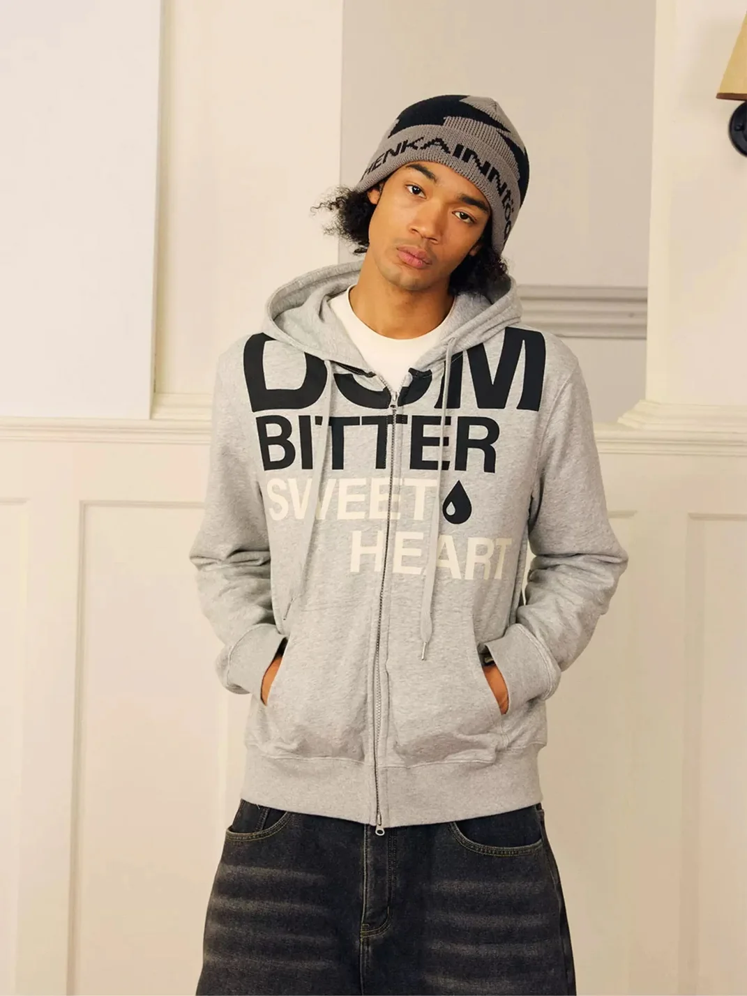 DONSMOKE | Set-In Shoulder Letter Print Zip-Up Hoodie
