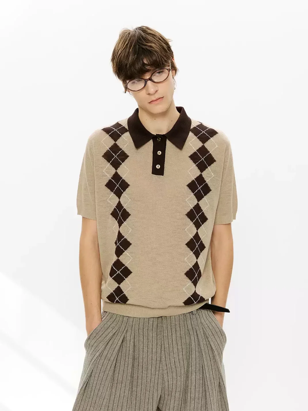 KREATE | Boxy Diamond Pattern Knit Polo Shirt