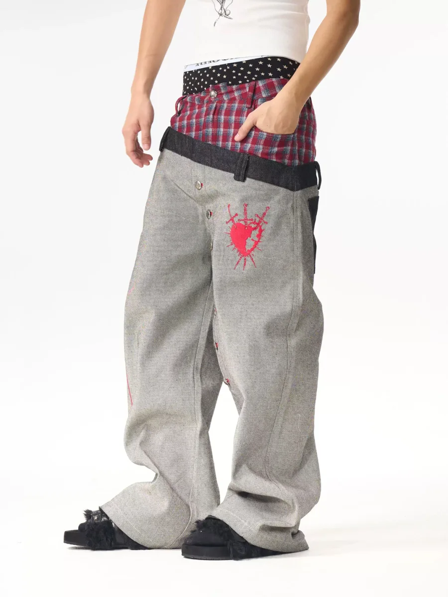 Fourth3ex | Plaid Patchwork Double Waistband Wide-Leg Jeans - 2