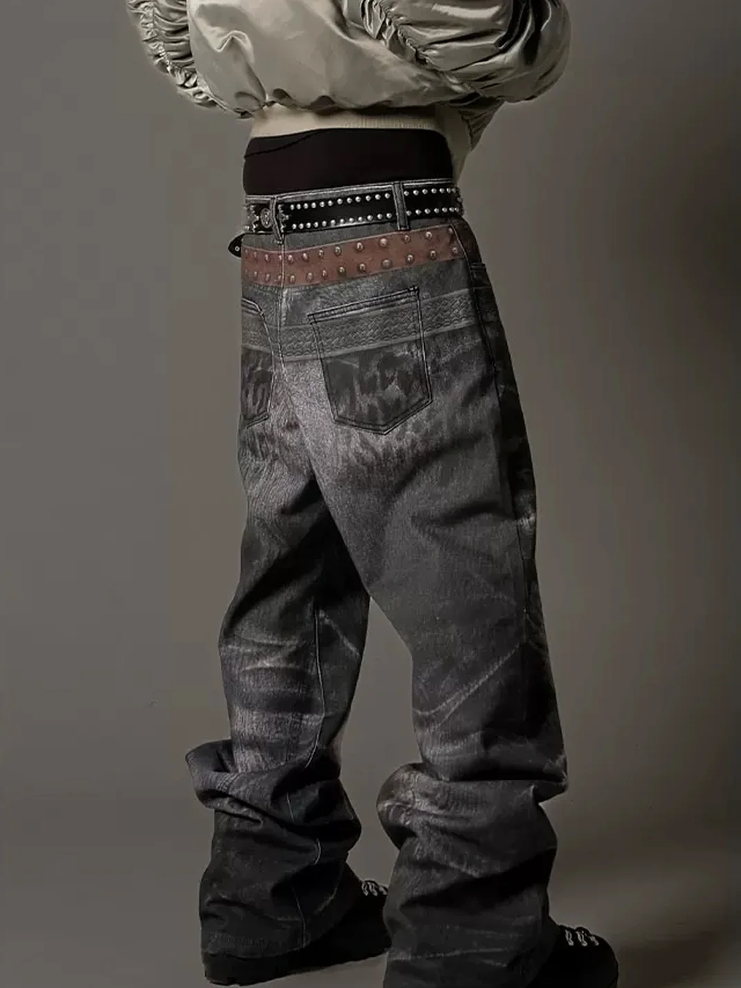 NASTYHUB | Wave Leopard Print Double-Belt Straight-Leg Jeans