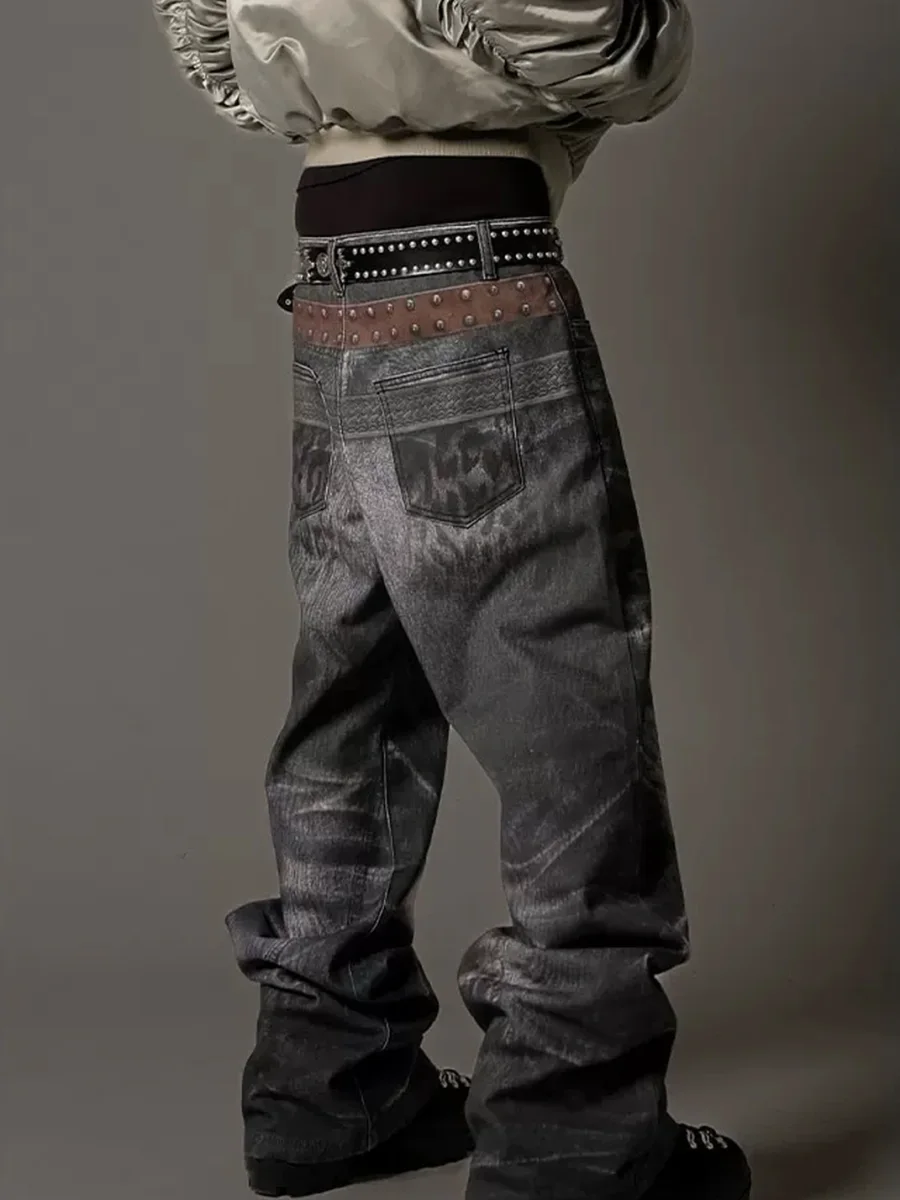 NASTYHUB | Wave Leopard Print Double-Belt Straight-Leg Jeans - 3