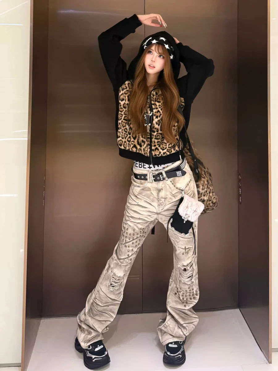 NASTYHUB | Distressed Studded Leopard Patch Slim Flare Jeans - 4