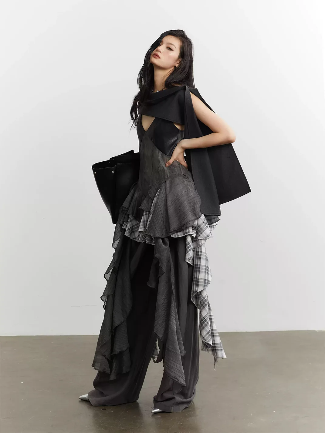 Jnylon studios | Asymmetric Plaid Colorblock Ruffled Cami Dress