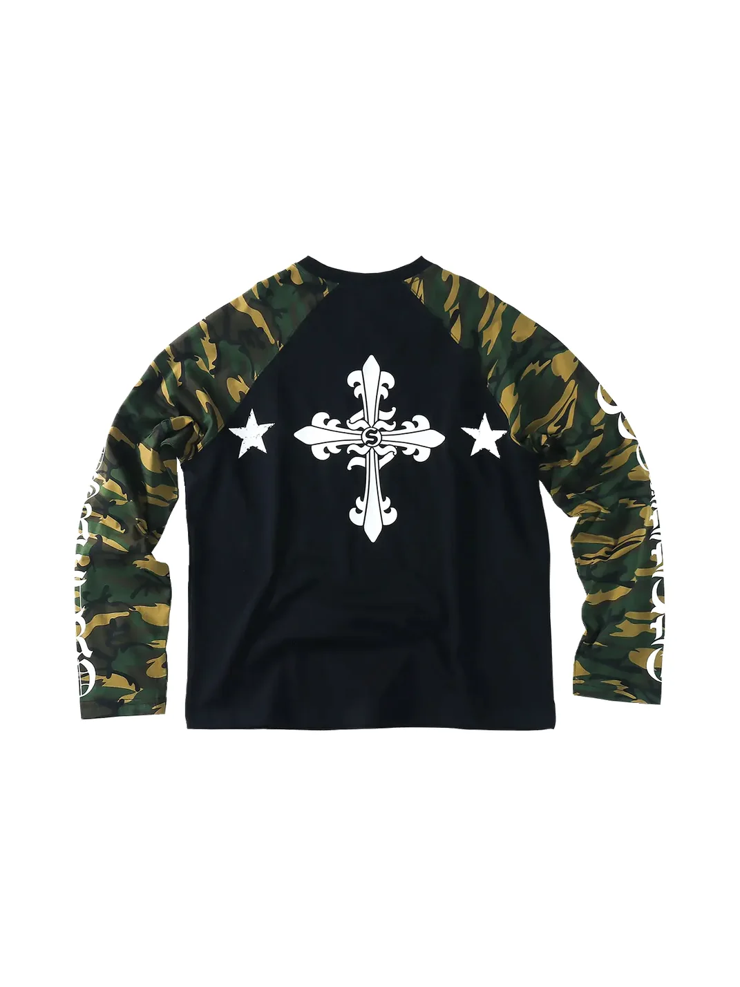 CoosRetro | Loose Cross-Print Camouflage Raglan Long-Sleeve T-Shirt